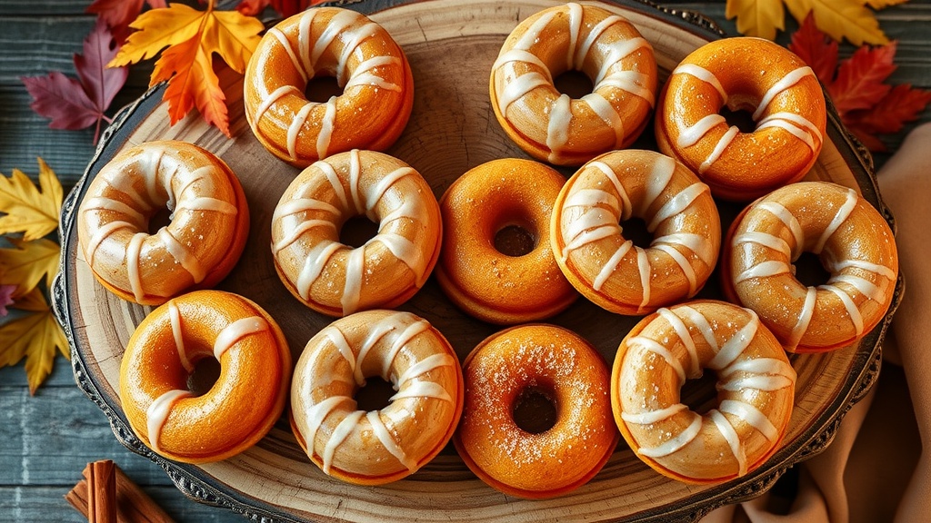 Spiced Pumpkin Doughnuts with Maple Glaze Freshly baked pumpkin doughnuts with maple glaze on a wooden platter surrounded by fall decorations.